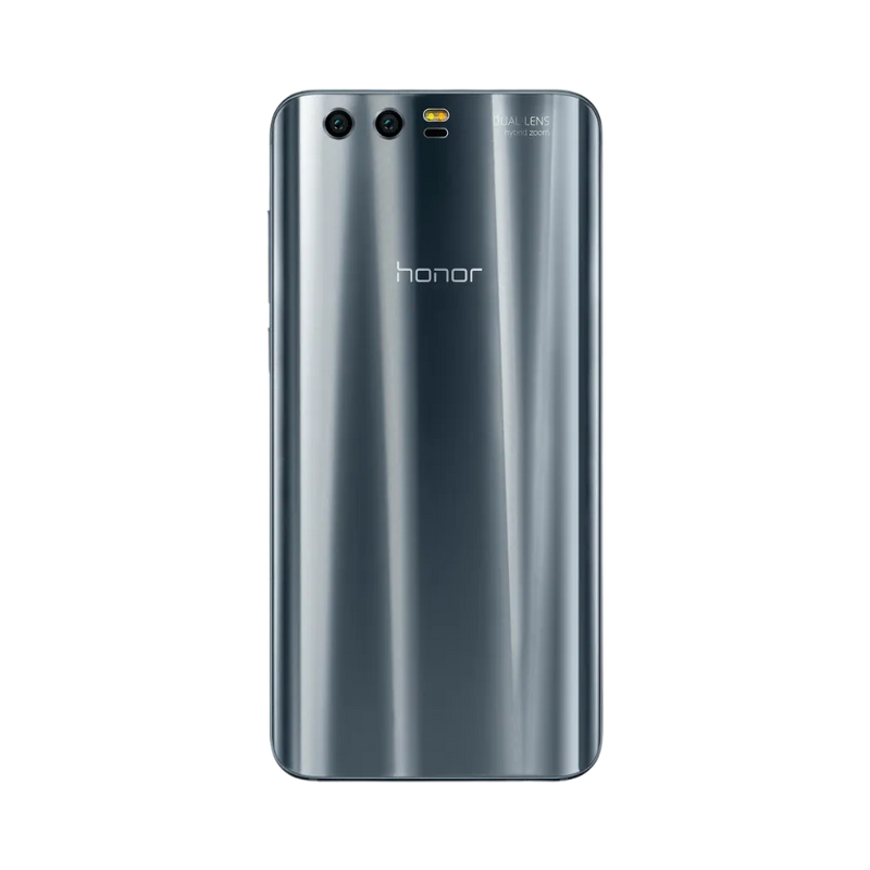 Honor 9 gris vu de dos en position verticale, finition brillante et double caméra arrière horizontale en haut à gauche, image optimisée pour réparations vitre arrière et caméra chez iTelier Lyon.