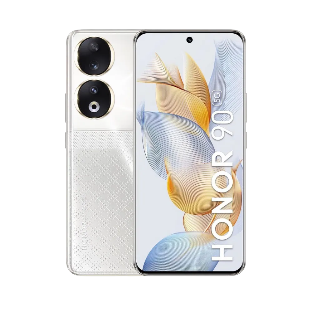 Honor 90 blanc affiché de face et de dos côte à côte, écran allumé avec texte HONOR 90 et fond doré, double module photo circulaire arrière visible, parfait pour réparations écran et vitre arrière chez iTelier Lyon.