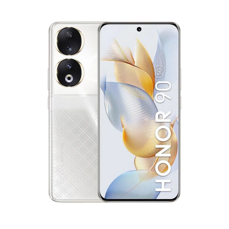 Honor 90 blanc affiché de face et de dos côte à côte, écran allumé avec texte HONOR 90 et fond doré, double module photo circulaire arrière visible, parfait pour réparations écran et vitre arrière chez iTelier Lyon.