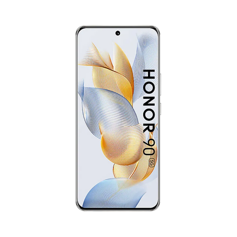 Honor 90 blanc en position verticale, écran lumineux avec fond doré et poinçon central pour caméra frontale, idéal pour illustrer réparation écran original et diagnostic gratuit chez iTelier Lyon.