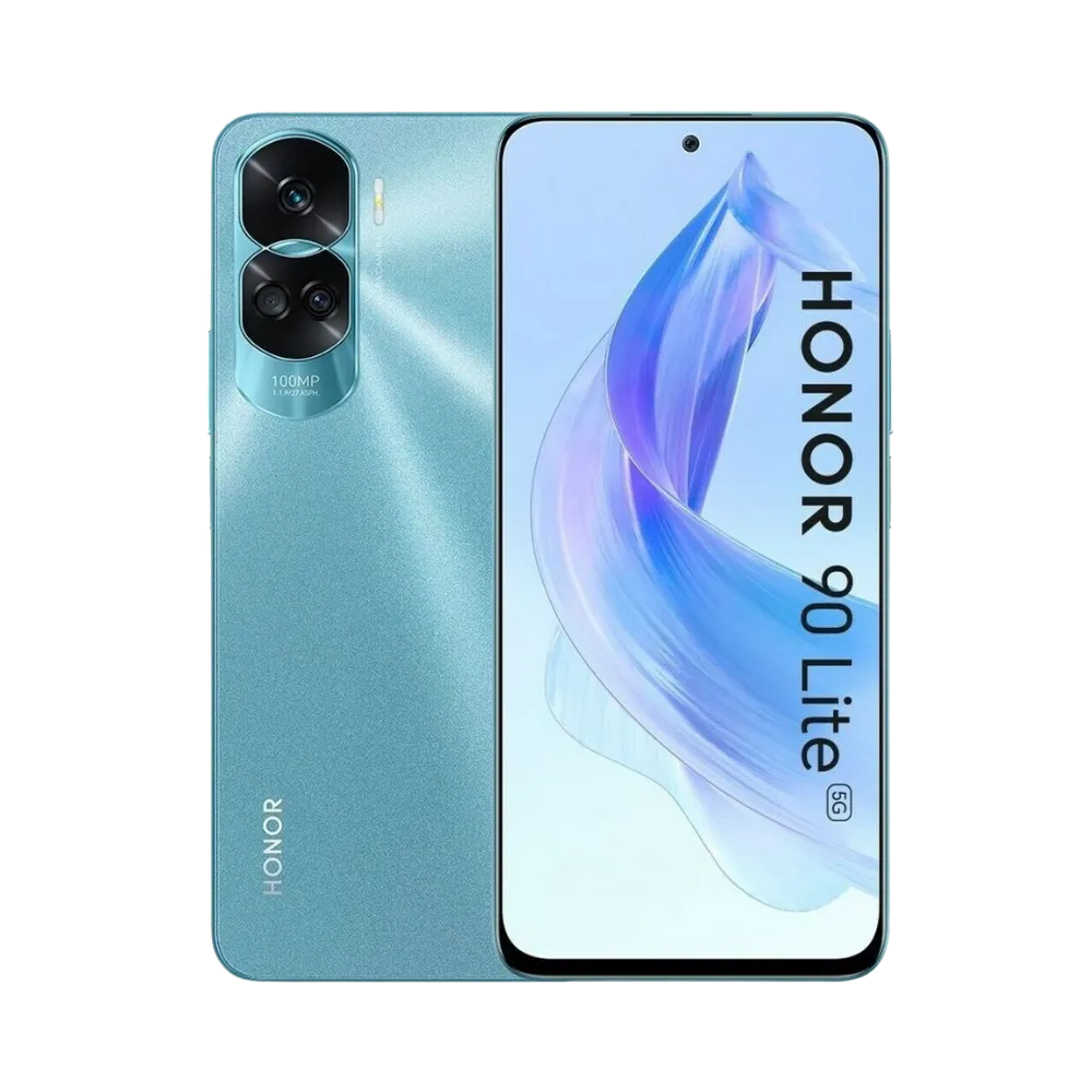 Honor 90 Lite bleu affiché de face et de dos côte à côte, écran allumé avec texte HONOR 90 Lite et fond violet-bleu, module photo rectangulaire arrière visible, parfait pour réparations écran et vitre arrière chez iTelier Lyon.