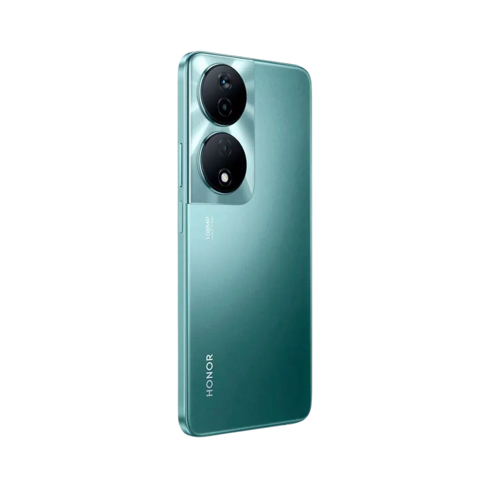 Honor 90 Smart vert vu de dos en position inclinée, double caméra circulaire mise en évidence avec effet brillant, parfait pour réparations vitre arrière et composants caméra chez iTelier Lyon.