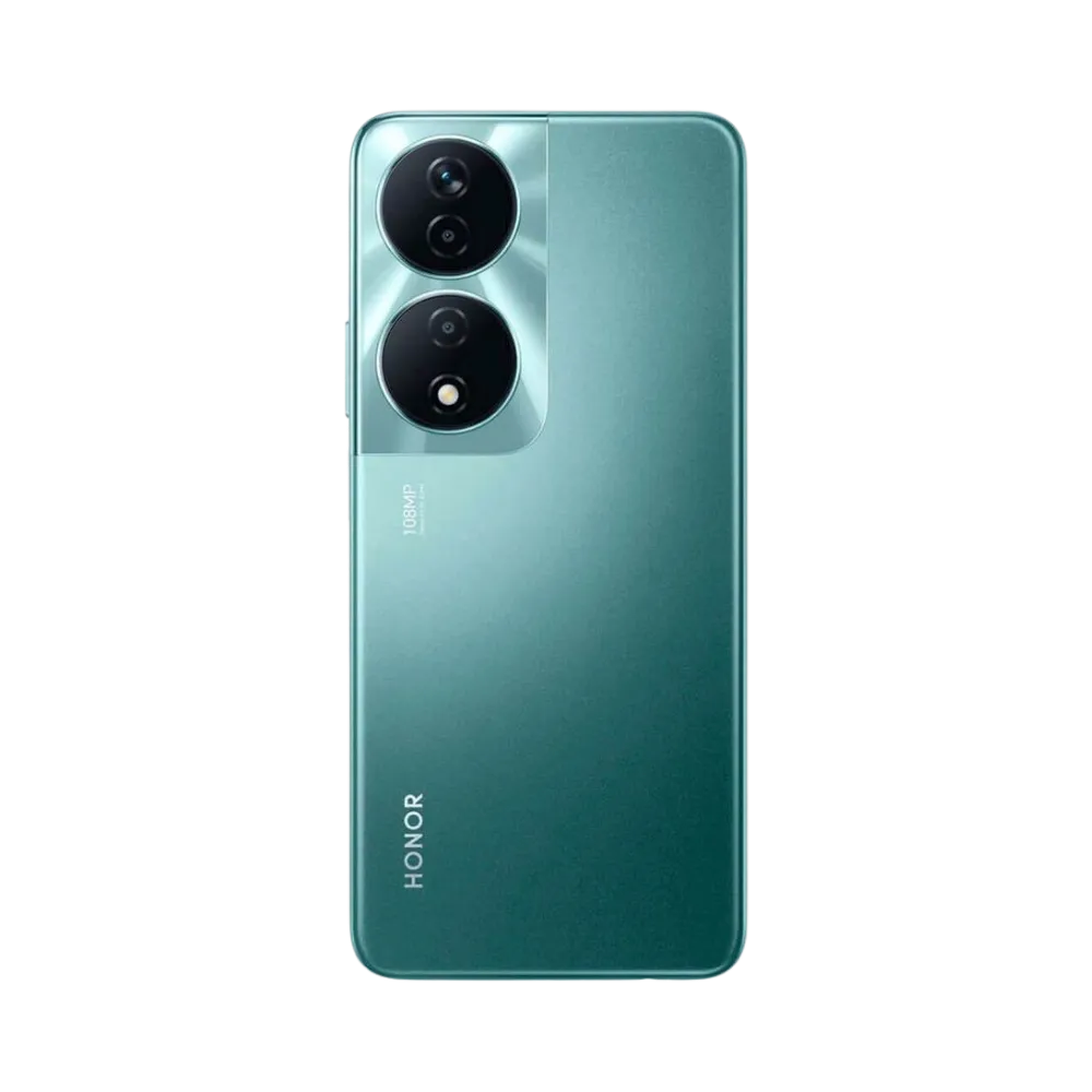 Honor 90 Smart vert vu de dos en position verticale, double module photo circulaire aligné en haut à gauche avec flash, image optimisée pour réparations vitre arrière et remplacement caméra chez iTelier Lyon.
