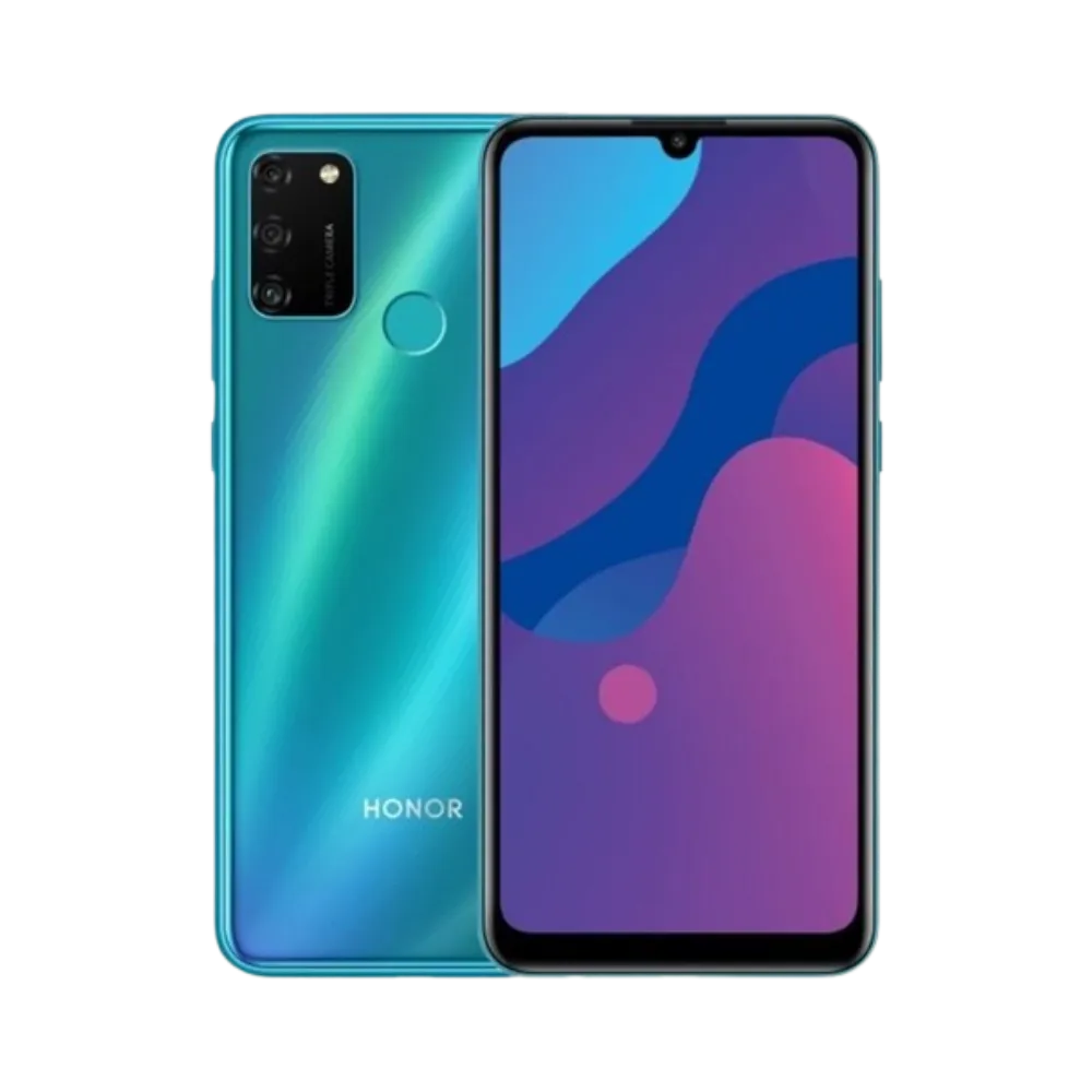 Honor 9A vert affiché de face et de dos côte à côte, écran allumé avec fond violet et rose, triple caméra arrière verticale et capteur d’empreinte visibles, parfait pour réparations écran et vitre arrière chez iTelier Lyon.
