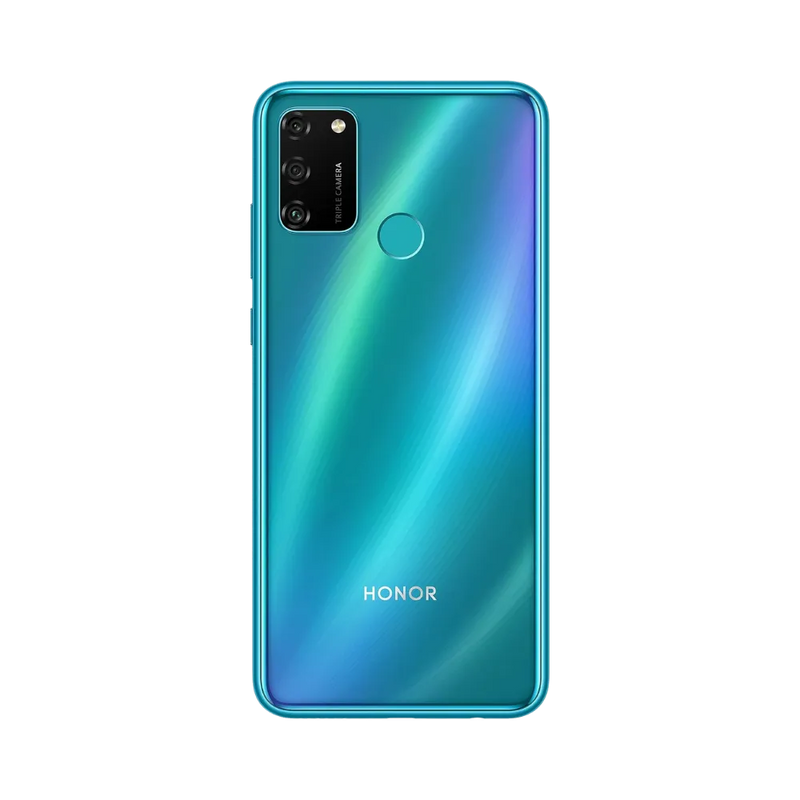 Honor 9A vert vu de dos en position verticale, finition brillante, triple caméra arrière verticale et capteur d’empreinte circulaire centrée, image optimisée pour réparations vitre arrière et caméra chez iTelier Lyon.