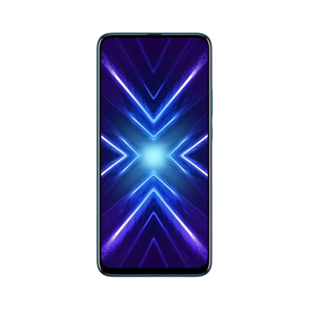 Honor 9X bleu en position verticale, écran lumineux avec fond en X violet et bleu sans encoche, idéal pour illustrer réparation écran original et diagnostic gratuit chez iTelier Lyon.