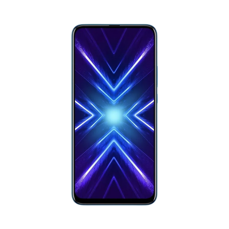 Honor 9X bleu en position verticale, écran lumineux avec fond en X violet et bleu sans encoche, idéal pour illustrer réparation écran original et diagnostic gratuit chez iTelier Lyon.