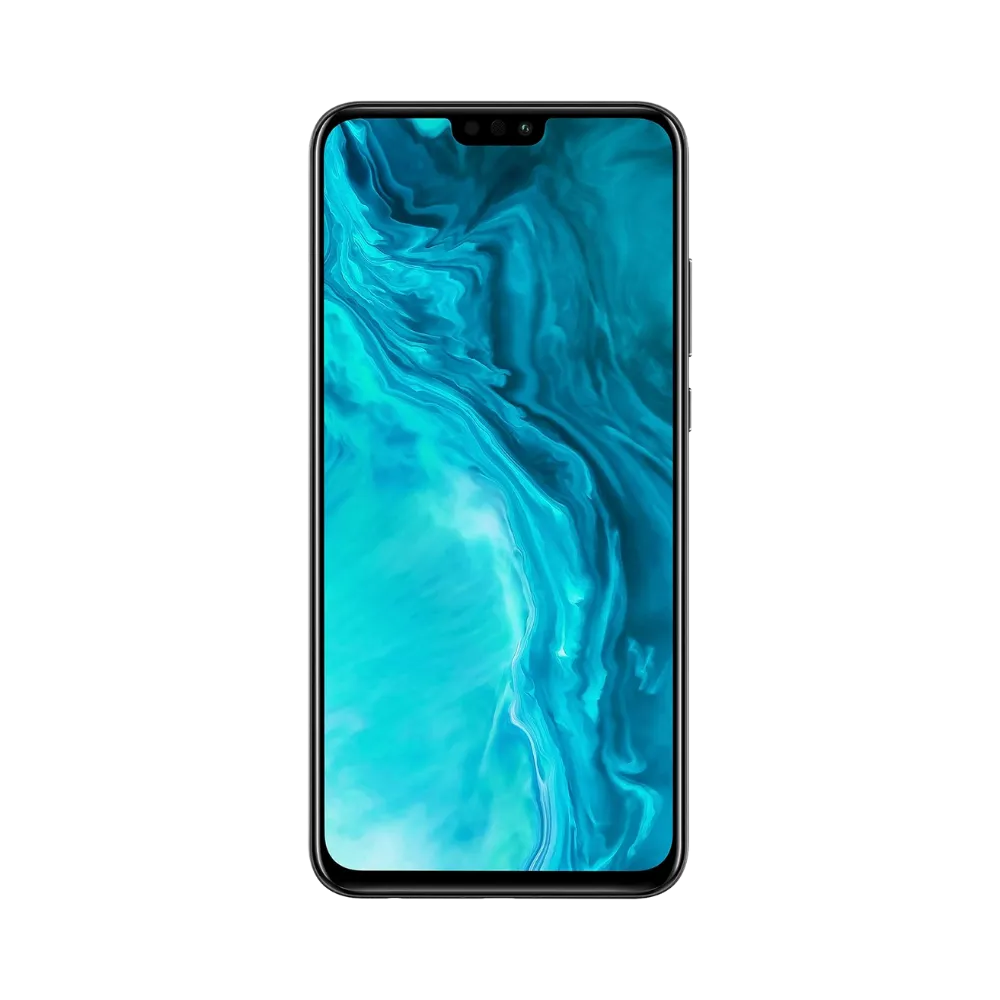 Honor 9X Lite noir en position verticale, écran lumineux avec fond bleu effet marbré et encoche supérieure, idéal pour illustrer réparation écran original et diagnostic gratuit chez iTelier Lyon.