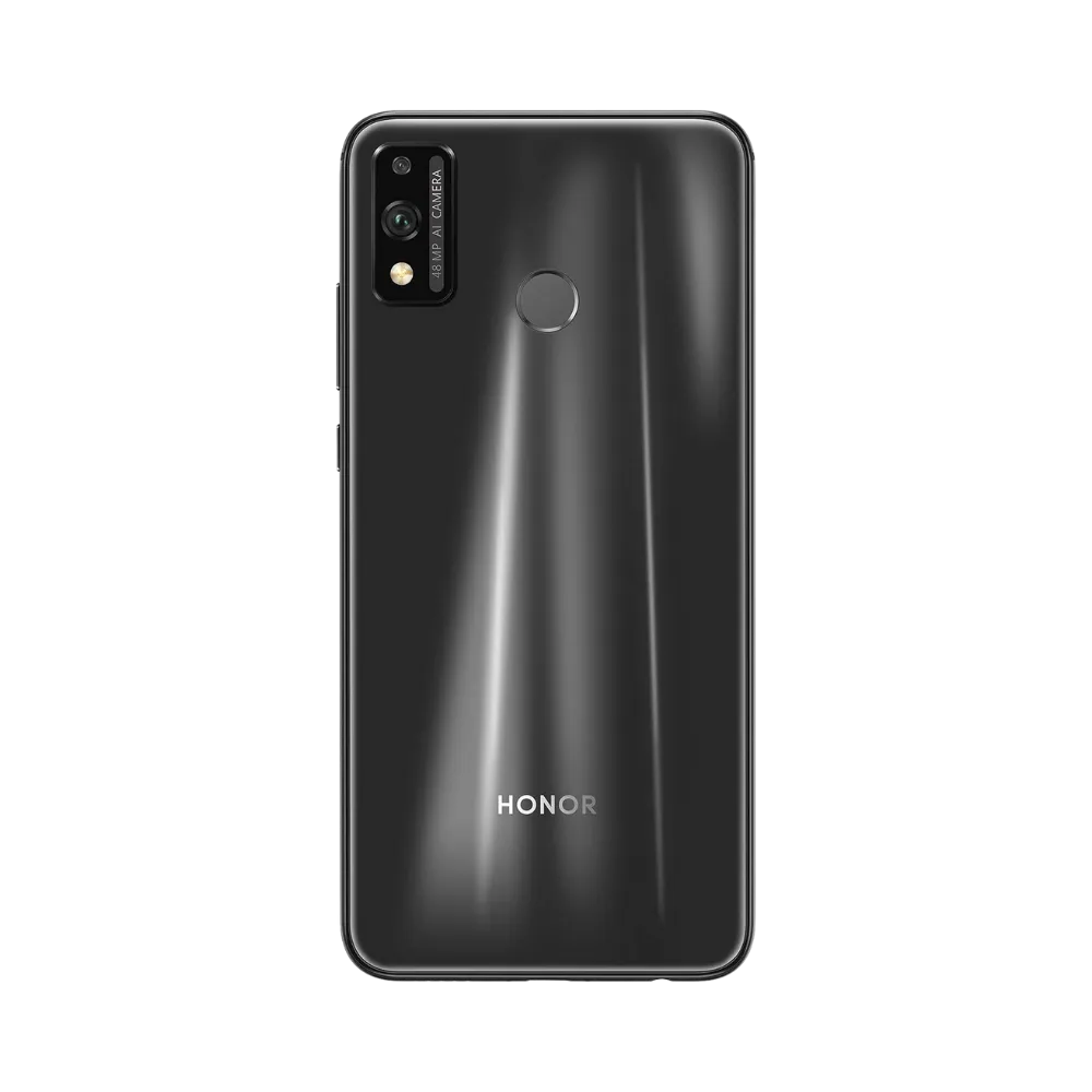 Honor 9X Lite noir vu de dos en position verticale, finition brillante, double caméra verticale en haut à gauche et capteur d’empreinte centré, image optimisée pour réparations vitre arrière et caméra chez iTelier Lyon.