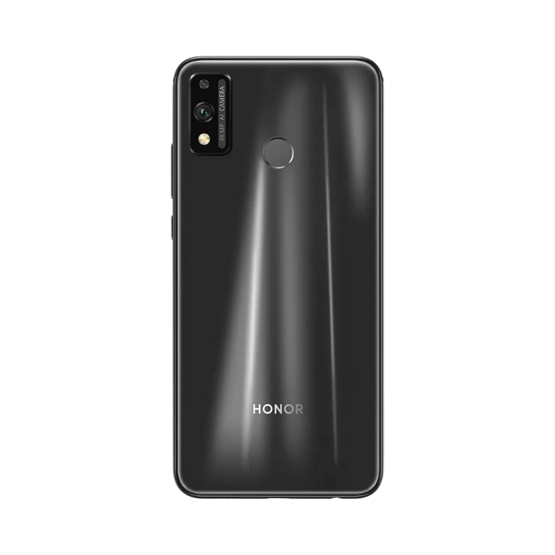 Honor 9X Lite noir vu de dos en position verticale, finition brillante, double caméra verticale en haut à gauche et capteur d’empreinte centré, image optimisée pour réparations vitre arrière et caméra chez iTelier Lyon.