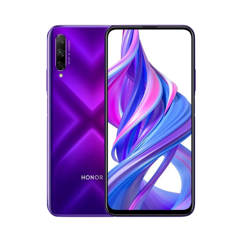 Honor 9X Pro violet affiché de face et de dos côte à côte, écran allumé avec fond violet et bleu en forme de X, triple caméra arrière verticale visible, parfait pour réparations écran et vitre arrière chez iTelier Lyon.