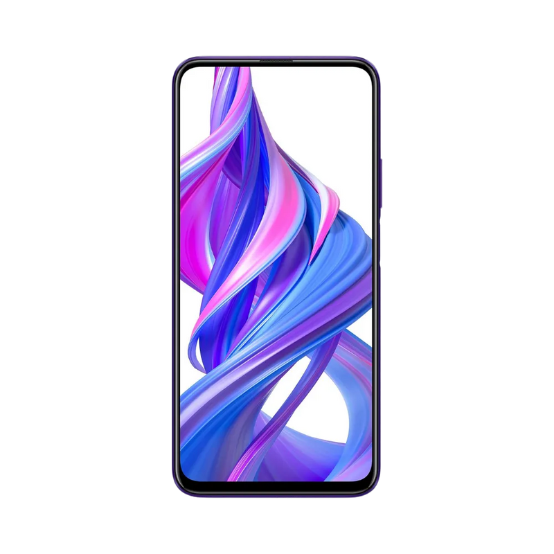 Honor 9X Pro violet en position verticale, écran lumineux sans encoche avec fond violet et bleu en X, idéal pour illustrer réparation écran original et diagnostic gratuit chez iTelier Lyon.
