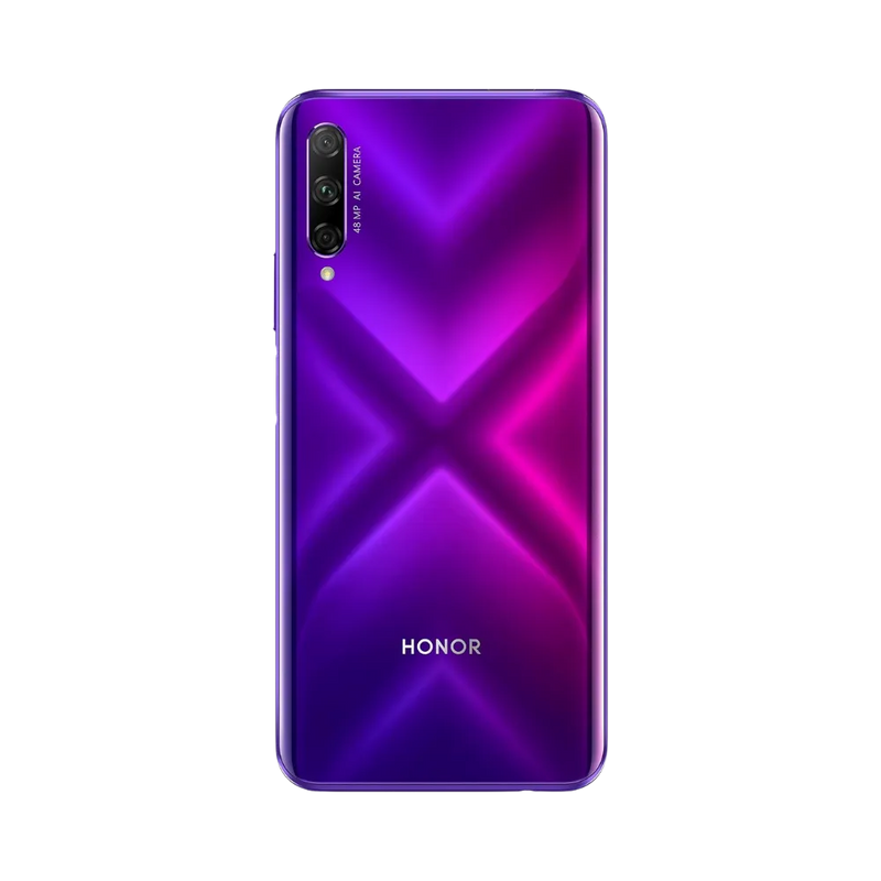 Honor 9X Pro violet vu de dos en position verticale, design brillant avec motif en X et triple caméra verticale en haut à gauche, image optimisée pour réparations vitre arrière et caméra chez iTelier Lyon.