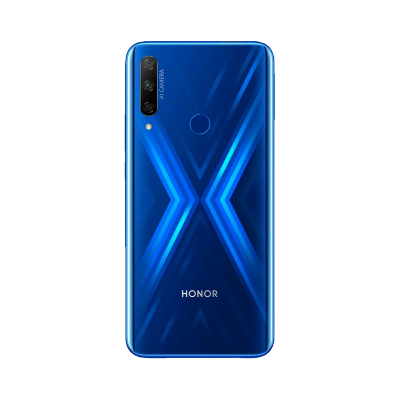 Honor 9X bleu vu de dos en position verticale, design brillant en X lumineux et triple caméra arrière alignée verticalement avec capteur d’empreinte circulaire, image optimisée pour réparations vitre arrière et caméra chez iTelier Lyon.
