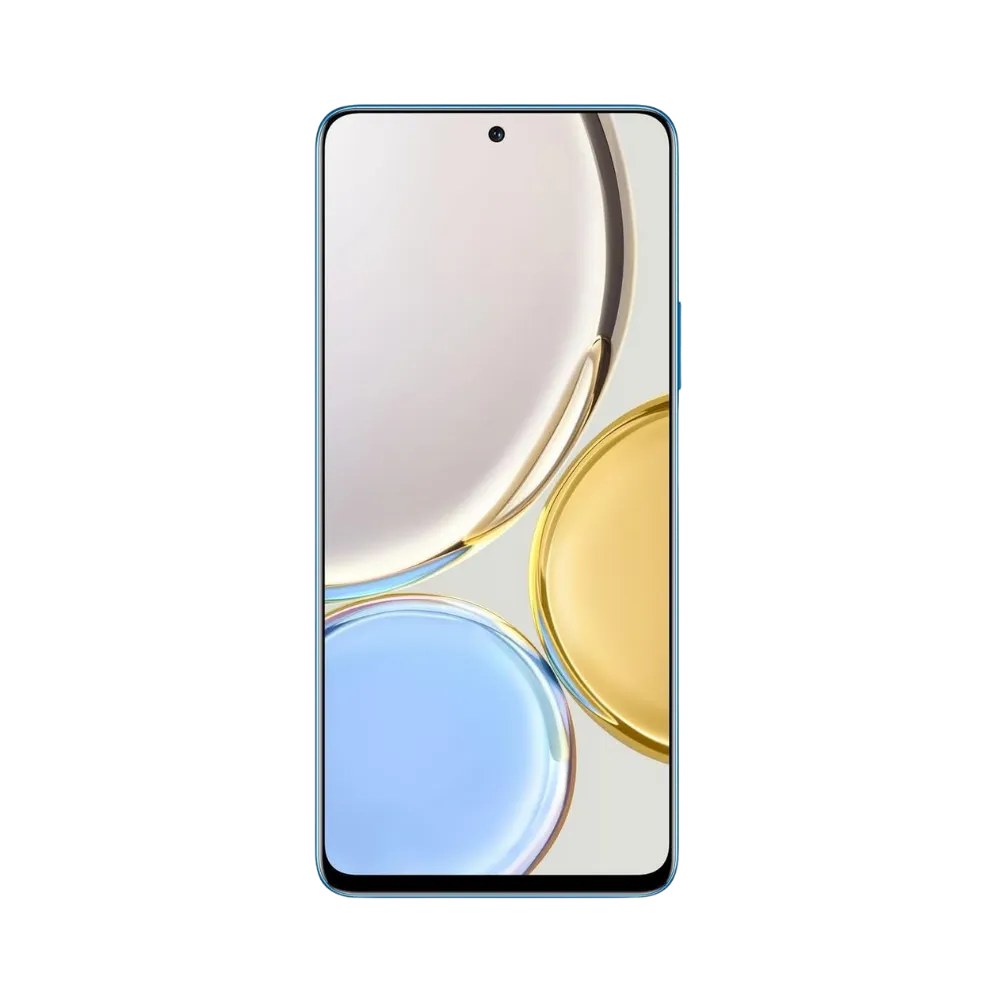 Honor Magic 4 Lite bleu en position verticale, écran lumineux avec fond blanc et bleu, poinçon central pour caméra frontale, idéal pour illustrer réparation écran original et diagnostic gratuit chez iTelier Lyon.