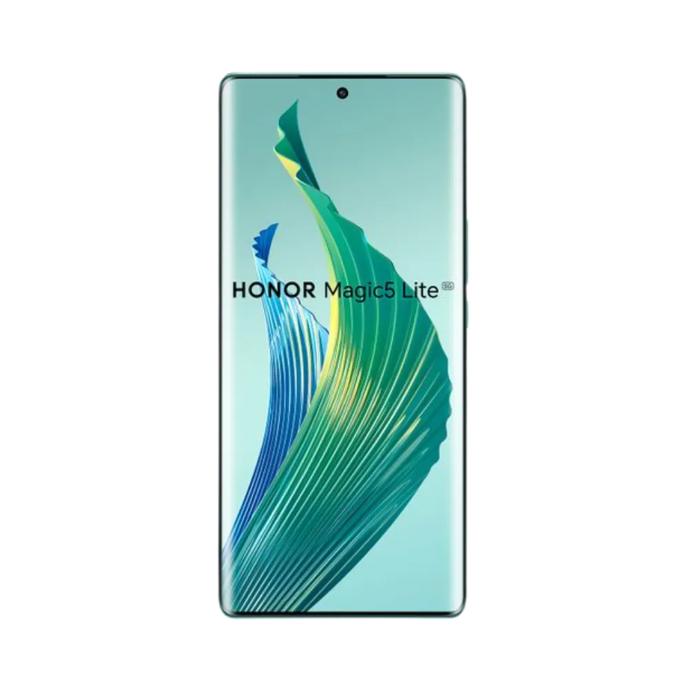 Honor Magic 5 Lite vert en position verticale, écran lumineux avec fond dégradé vert et poinçon central pour caméra frontale, idéal pour illustrer réparation écran original et diagnostic gratuit chez iTelier Lyon.