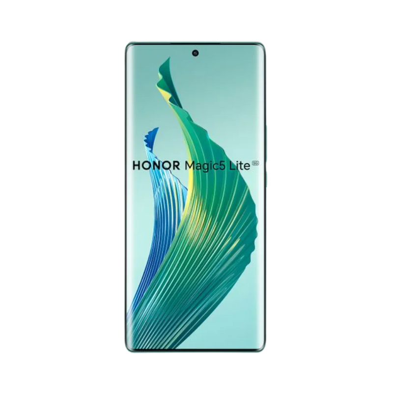 Honor Magic 5 Lite vert en position verticale, écran lumineux avec fond dégradé vert et poinçon central pour caméra frontale, idéal pour illustrer réparation écran original et diagnostic gratuit chez iTelier Lyon.