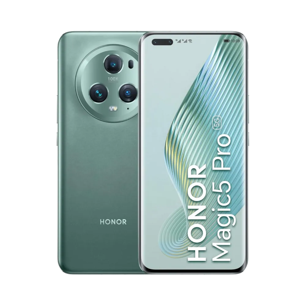 Honor Magic 5 Pro vert affiché de face et de dos côte à côte, écran allumé avec fond blanc et vert portant le texte HONOR Magic5 Pro, grand bloc photo circulaire arrière visible, parfait pour réparations écran et vitre arrière chez iTelier Lyon.