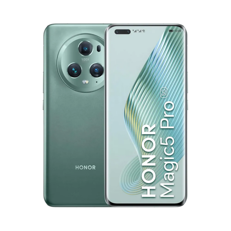 Honor Magic 5 Pro vert affiché de face et de dos côte à côte, écran allumé avec fond blanc et vert portant le texte HONOR Magic5 Pro, grand bloc photo circulaire arrière visible, parfait pour réparations écran et vitre arrière chez iTelier Lyon.