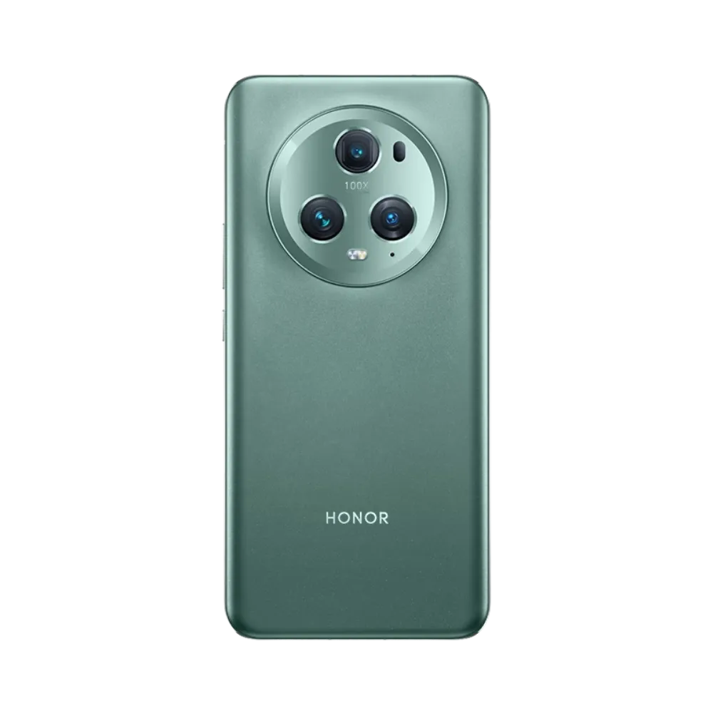 Honor Magic 5 Pro vert vu de dos en position verticale, grand module photo circulaire centré avec triple caméra, image optimisée pour réparations vitre arrière et remplacement caméra chez iTelier Lyon.