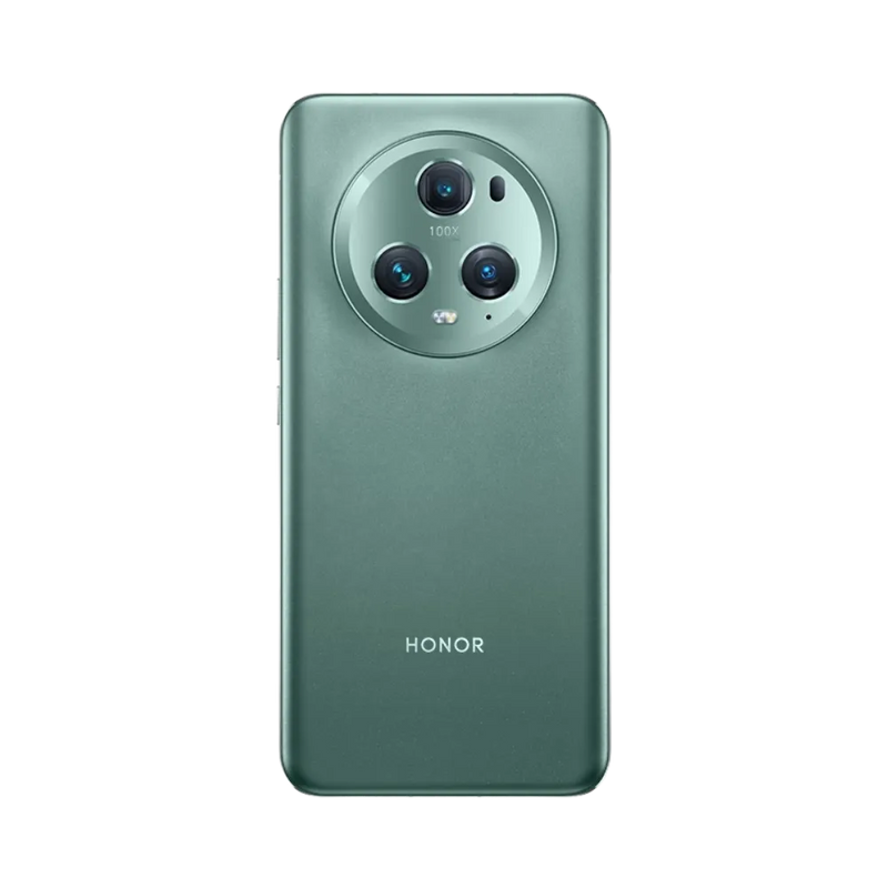 Honor Magic 5 Pro vert vu de dos en position verticale, grand module photo circulaire centré avec triple caméra, image optimisée pour réparations vitre arrière et remplacement caméra chez iTelier Lyon.