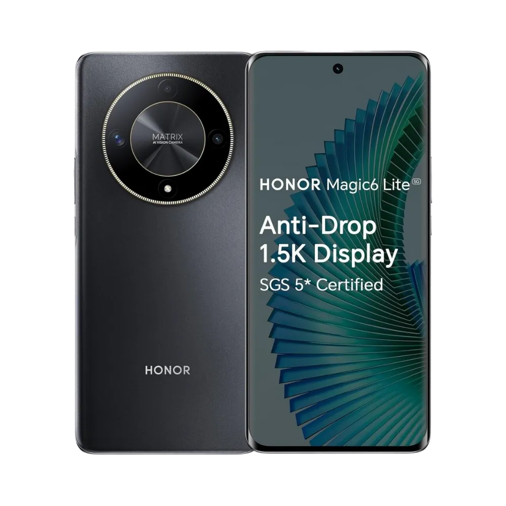 Honor Magic 6 Lite noir affiché de face et de dos côte à côte, écran allumé avec motif vert et texte Anti-Drop 1.5K Display, grand module photo circulaire arrière visible, idéal pour réparations écran et vitre arrière chez iTelier Lyon.