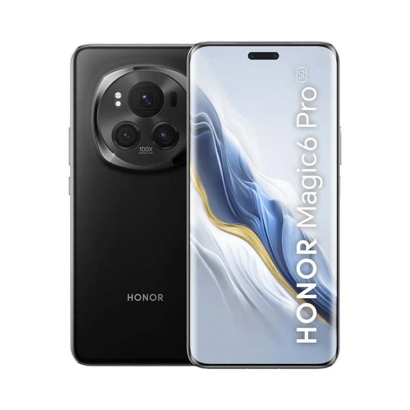 Honor Magic 6 Pro noir affiché de face et de dos côte à côte, écran allumé avec fond blanc et bleu, bloc photo circulaire imposant visible à l’arrière, parfait pour réparations écran et vitre arrière chez iTelier Lyon.