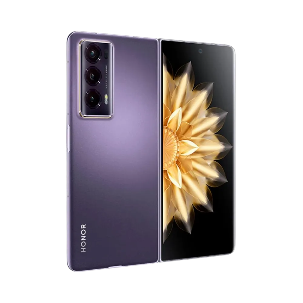 Honor Magic V2 violet affiché en position ouverte avec écran pliable incliné vers l’arrière, motif fleur dorée en fond, idéal pour illustrer réparations écran pliable et composants internes chez iTelier Lyon.