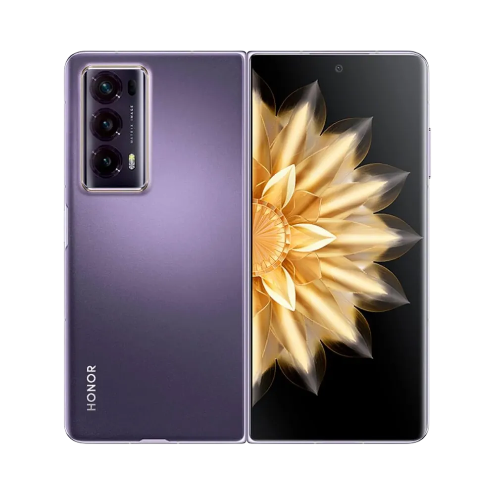 Honor Magic V2 violet affiché de face et de dos côte à côte, écran pliable allumé avec fleur dorée en fond, triple caméra arrière visible, parfait pour réparations écran pliable et vitre arrière chez iTelier Lyon.