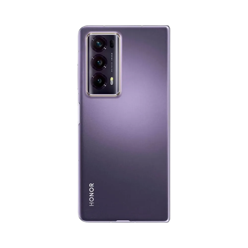 Honor Magic V2 violet vu de dos en position verticale pliée, triple caméra arrière alignée verticalement sur la gauche, image optimisée pour réparations vitre arrière et remplacement caméra chez iTelier Lyon.