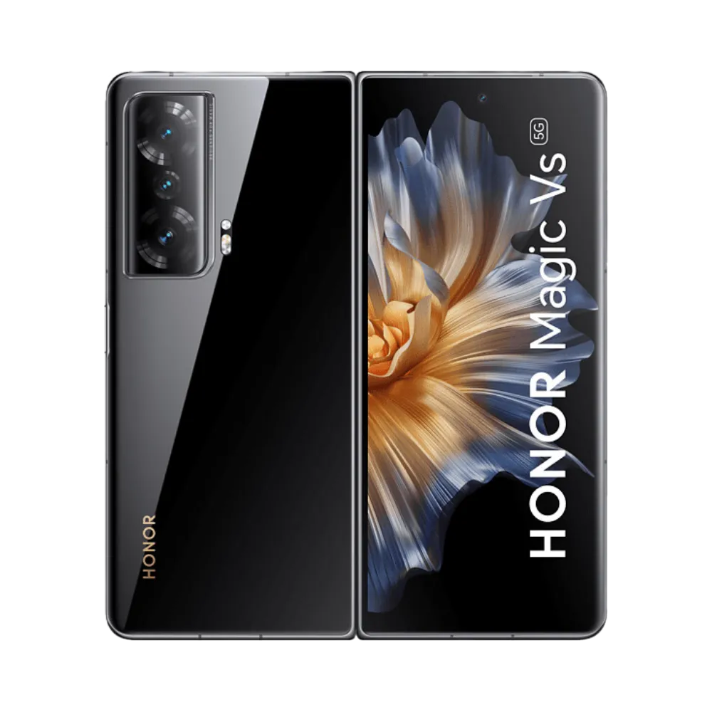 Honor Magic Vs noir affiché de face et de dos côte à côte, smartphone pliable avec écran allumé montrant une fleur dorée et triple caméra arrière verticale, parfait pour réparations écran pliable et vitre arrière chez iTelier Lyon.