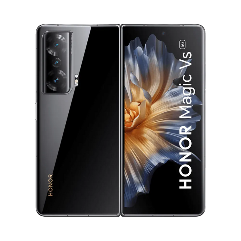 Honor Magic Vs noir affiché de face et de dos côte à côte, smartphone pliable avec écran allumé montrant une fleur dorée et triple caméra arrière verticale, parfait pour réparations écran pliable et vitre arrière chez iTelier Lyon.