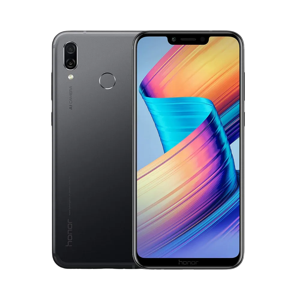 Honor Play noir affiché de face et de dos côte à côte, écran allumé avec fond coloré multicolore, double caméra arrière verticale et capteur d’empreinte visibles, parfait pour réparations écran et vitre arrière chez iTelier Lyon.
