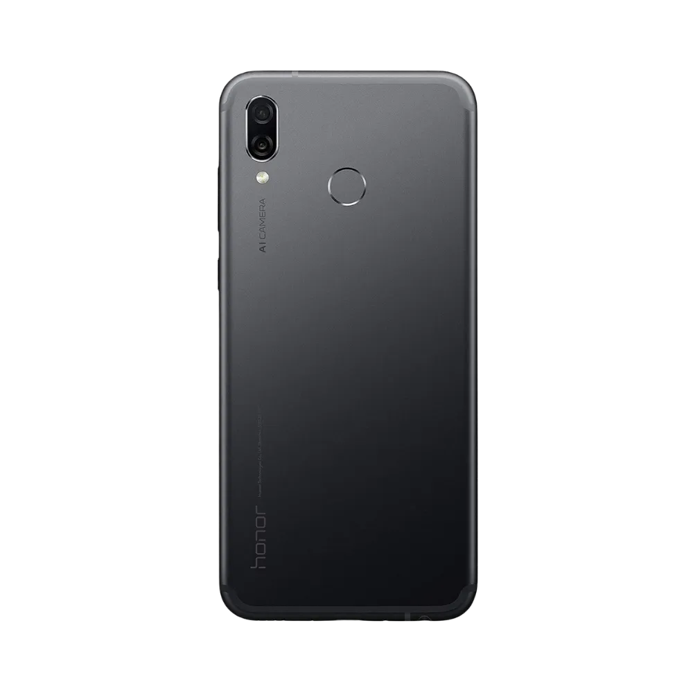 Honor Play noir vu de dos en position verticale, double caméra arrière verticale et capteur d’empreinte circulaire bien visibles, image optimisée pour réparations vitre arrière et remplacement caméra chez iTelier Lyon.