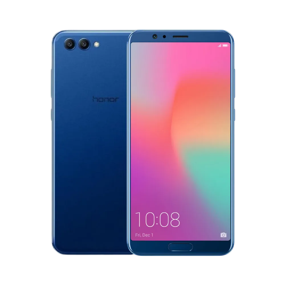 Honor View 10 bleu affiché de face et de dos côte à côte, écran allumé avec fond dégradé rose et vert, double caméra arrière horizontale bien visible, parfait pour réparations écran et vitre arrière chez iTelier Lyon.