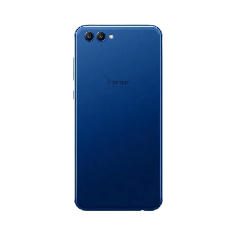 Honor View 10 bleu vu de dos en position verticale, surface mate avec double caméra arrière horizontale et flash, image optimisée pour réparations vitre arrière et remplacement caméra chez iTelier Lyon.