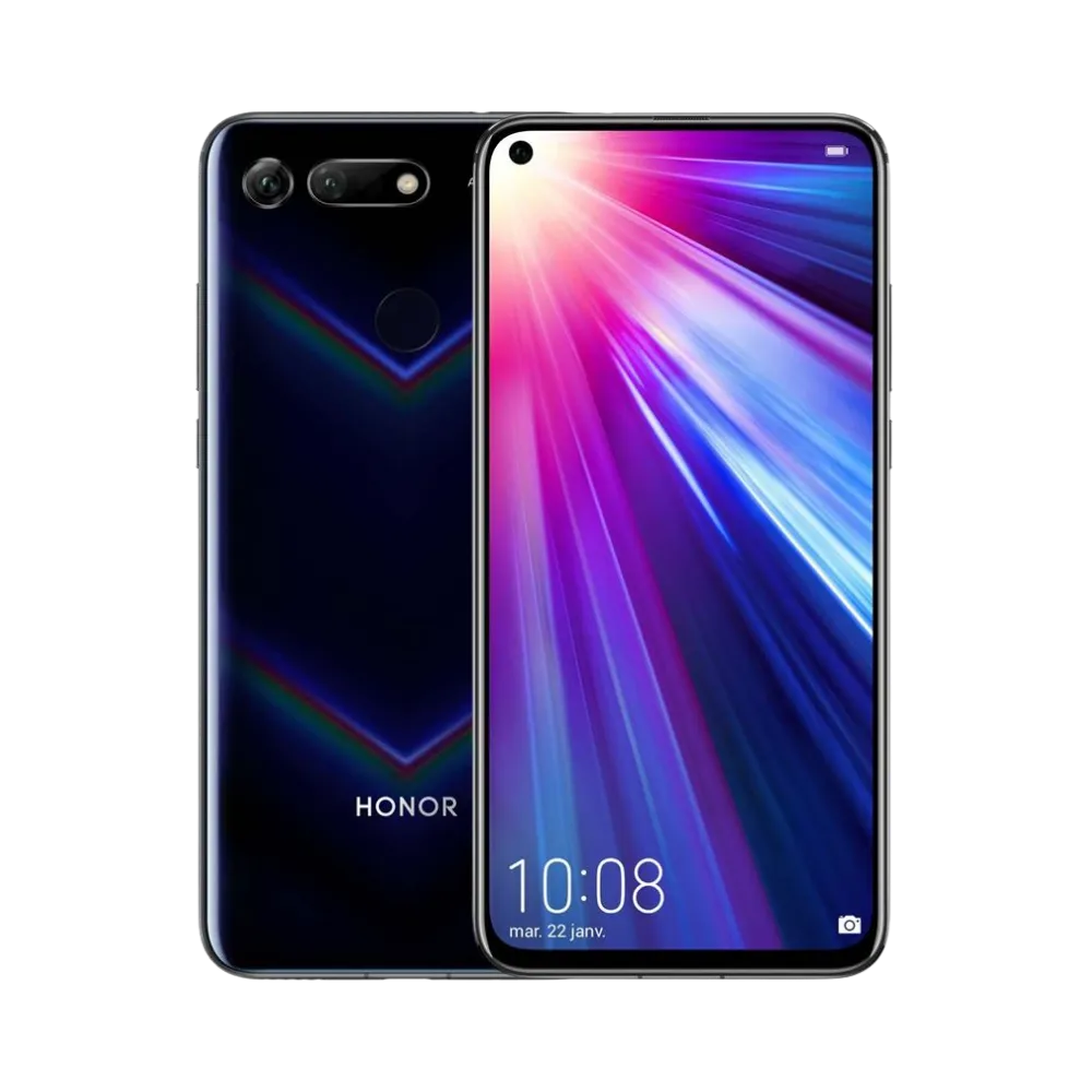 Honor View 20 noir affiché de face et de dos côte à côte, écran allumé avec fond lumineux multicolore en dégradé violet et bleu, double caméra arrière horizontale visible, parfait pour réparations écran et vitre arrière chez iTelier Lyon.