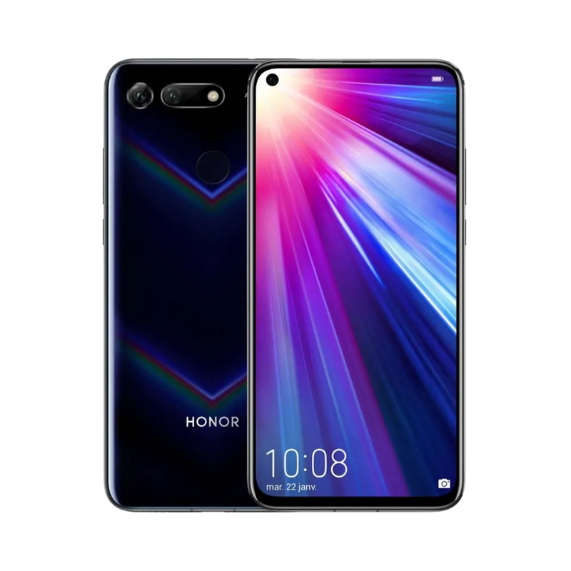 Honor View 20 noir affiché de face et de dos côte à côte, écran allumé avec fond lumineux multicolore en dégradé violet et bleu, double caméra arrière horizontale visible, parfait pour réparations écran et vitre arrière chez iTelier Lyon.