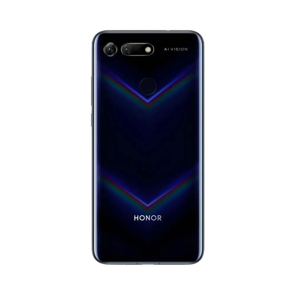 Honor View 20 noir vu de dos en position verticale, surface brillante avec motifs en V et double caméra arrière horizontale, image optimisée pour réparations vitre arrière et remplacement caméra chez iTelier Lyon.