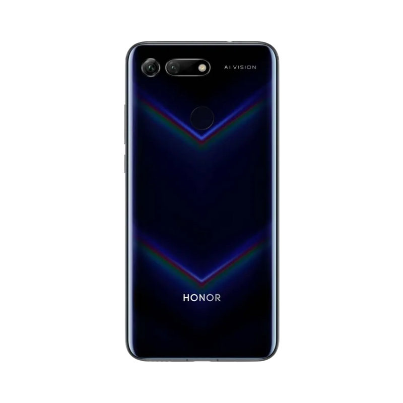 Honor View 20 noir vu de dos en position verticale, surface brillante avec motifs en V et double caméra arrière horizontale, image optimisée pour réparations vitre arrière et remplacement caméra chez iTelier Lyon.