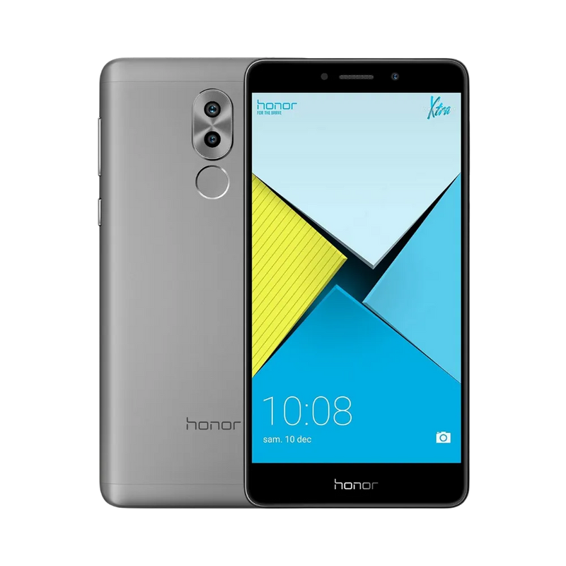 Honor X6 gris affiché de face et de dos, grand écran rectangulaire avec bordures épaisses et caméra arrière circulaire centrale, parfait pour réparations écran fissuré et vitre arrière chez iTelier Lyon.