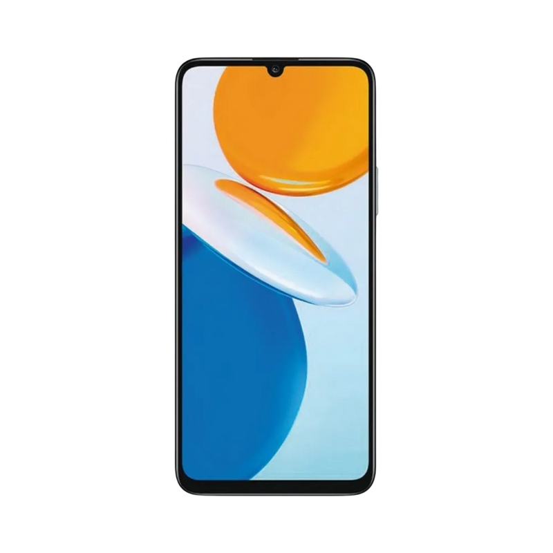 Honor X7 noir vu de face, écran lumineux avec encoche centrale en haut, idéal pour illustrer réparations écran LCD et vitre tactile endommagée chez iTelier Lyon.