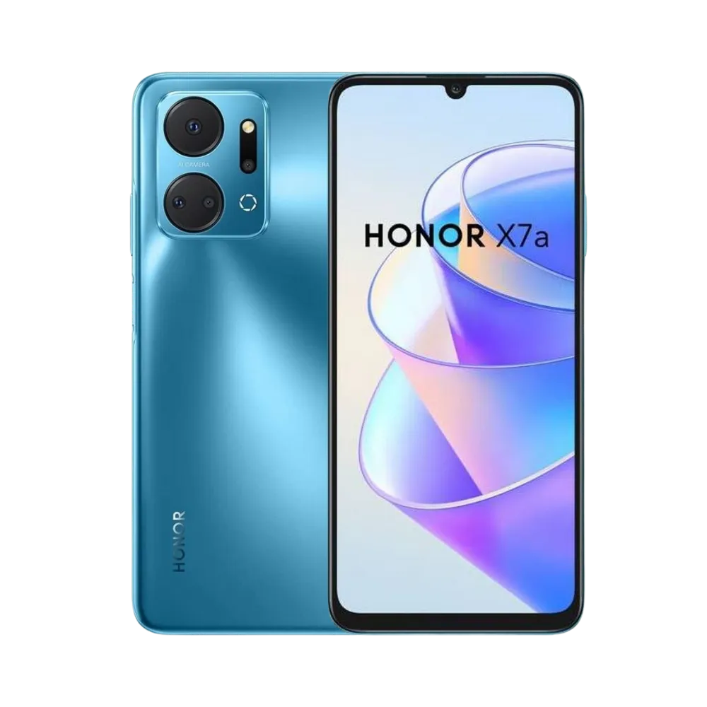 Honor X7a bleu affiché de face et de dos, grand écran avec encoche goutte d’eau et double module photo circulaire à l’arrière, idéal pour réparations écran fissuré et vitre arrière chez iTelier Lyon.