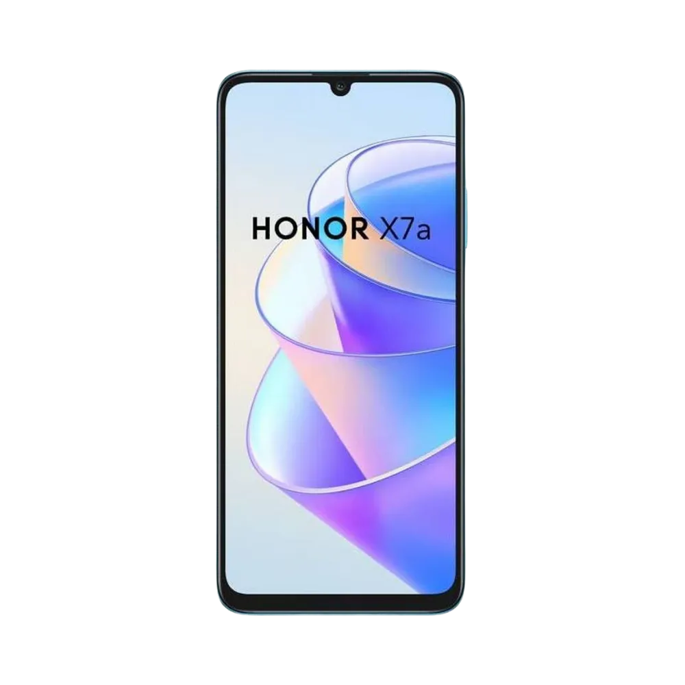 Honor X7a bleu vu de face, écran lumineux avec encoche discrète, parfait pour illustrer réparations écran LCD et vitre tactile sur smartphone cassé chez iTelier Lyon.
