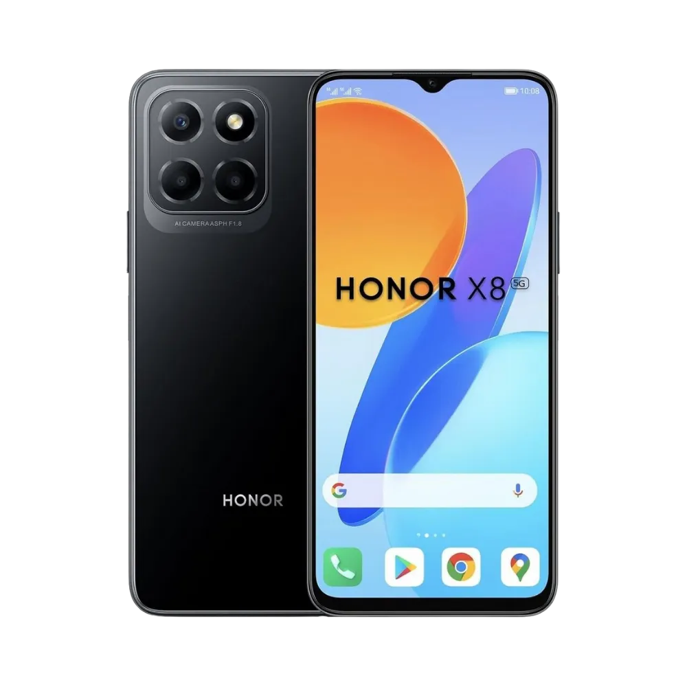 Honor X8 5G noir affiché de face et de dos, grand écran avec encoche goutte d’eau et triple caméra arrière carrée, idéal pour réparations écran, vitre arrière et caméra chez iTelier Lyon.