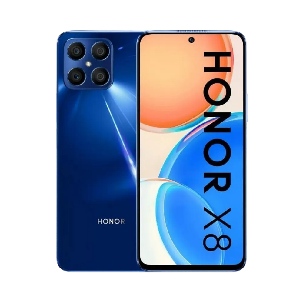 Honor X8 bleu présenté de face et de dos, grand écran sans bordures avec poinçon central et quadruple caméra arrière en module carré, parfait pour réparations écran et vitre arrière chez iTelier Lyon.