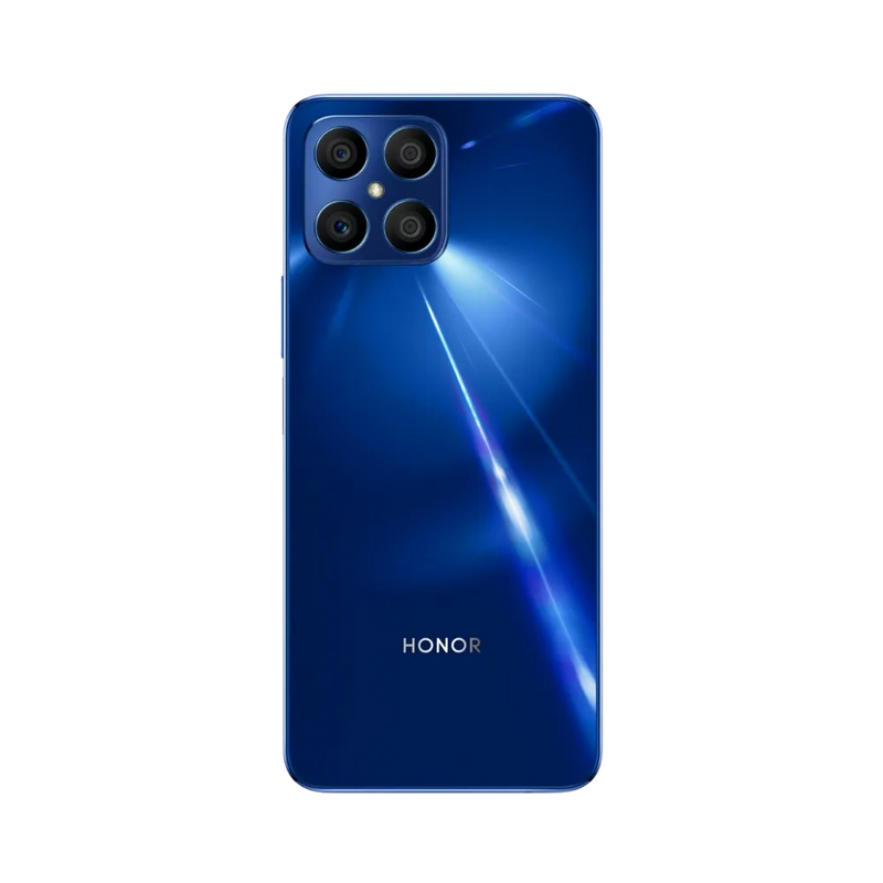 Honor X8 bleu vu de dos, quadruple module photo carré situé en haut à gauche, design élégant et brillant, parfait pour réparations vitre arrière et caméra arrière chez iTelier Lyon.