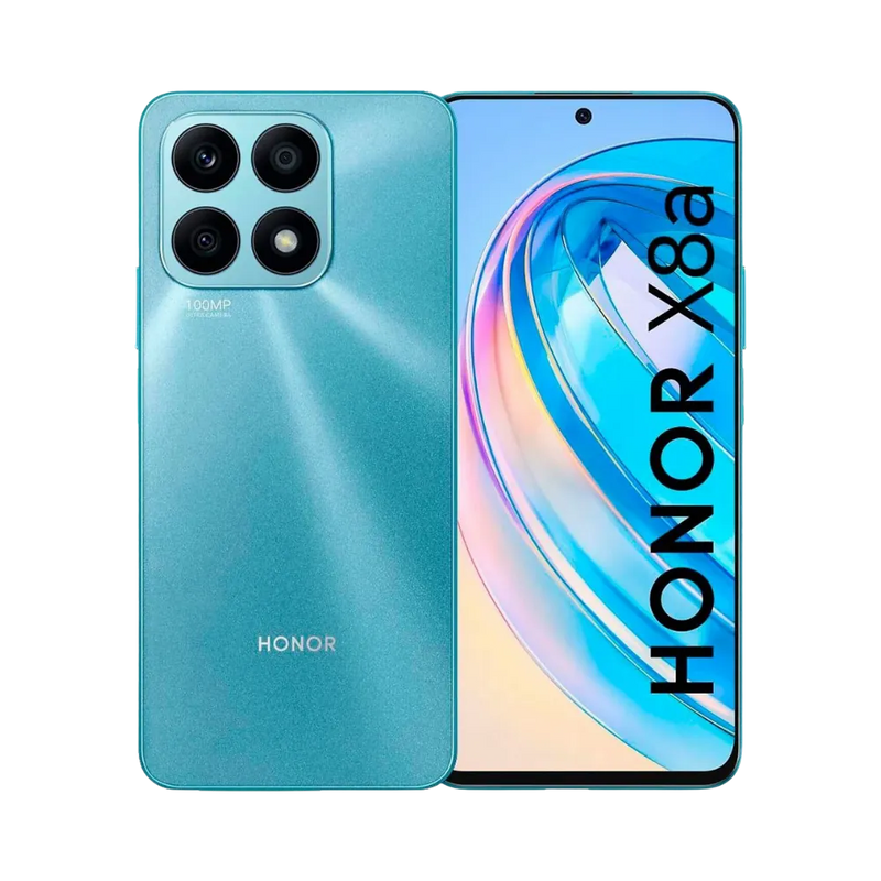 Honor X8a bleu présenté de face et de dos, grand écran sans bordures avec caméra frontale poinçonnée, quadruple module photo carré à l’arrière, idéal pour réparations écran et vitre arrière chez iTelier Lyon.