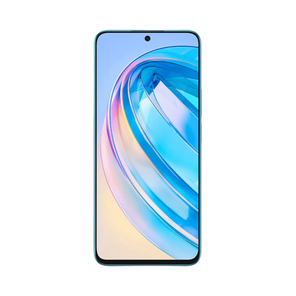 Honor X8a bleu vu de face, écran allumé avec affichage lumineux moderne et poinçon central, image dédiée aux réparations écran LCD et vitre tactile chez iTelier Lyon.