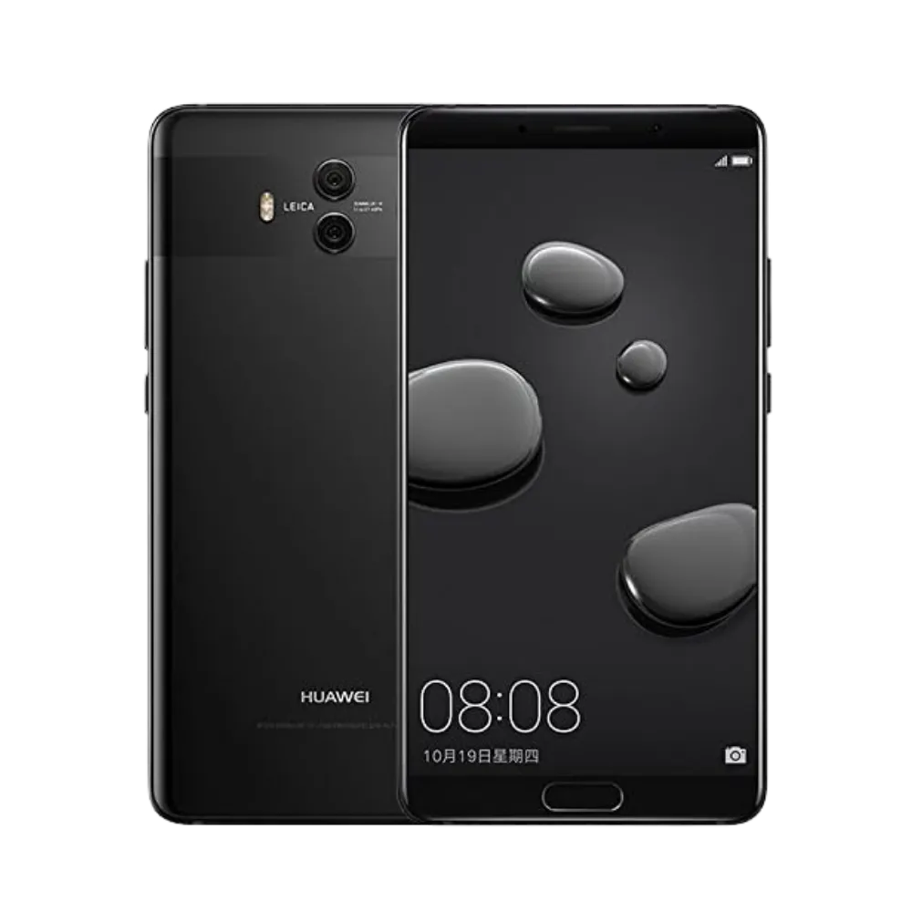 Photo Huawei Mate 10 en vue avant avec écran allumé et arrière noir visible, angle trois quarts. Image optimisée iTelier Lyon pour réparation écran LCD, batterie, diagnostic gratuit et pièces garanties.